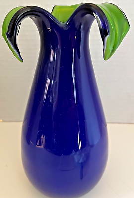 #ad Blue Art Glass Vase by Gorgeous Designs W Green Accent Leafs 3 8 X 4 IN $34.95