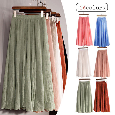 #ad Women#x27;s Summer A Line Stretchy Waist Cotton Linen Long Flowy Skirt Solid Color $14.28
