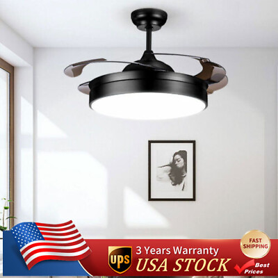 #ad Retractable Invisible Ceiling Fan Light LED 3 Color Home Chandelier Lamp Remote $73.00