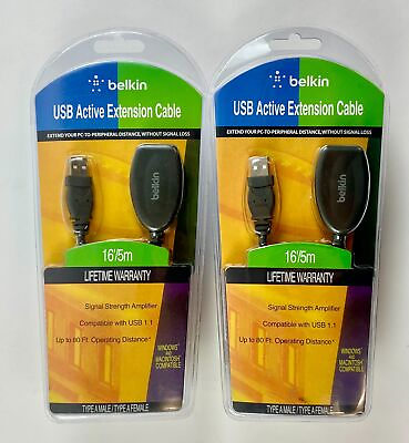 #ad Belkin USB Active Extension Cable Type A Male Black 16 ft Set of 2 $40.00