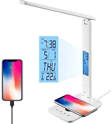 #ad 10w Led Table Desk Lamp Wireless Charger Alarm Clock Eye Protect Light White $31.99