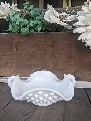 #ad Vintage Fenton Hobnail White Milk Glass Ruffled Candy Dish Bowl w Handles $18.00