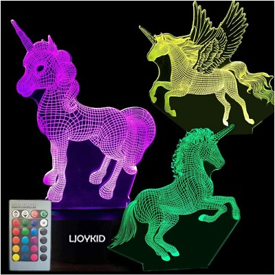 #ad Unicorn Night Lights3D Optical Illusion LED Lamps with Remote Control amp; RGB $11.89