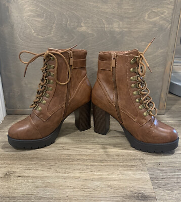 #ad Forever Tan High Rise Lace Up Zipper Heeled Combat Boot Size 7 Brown $36.90