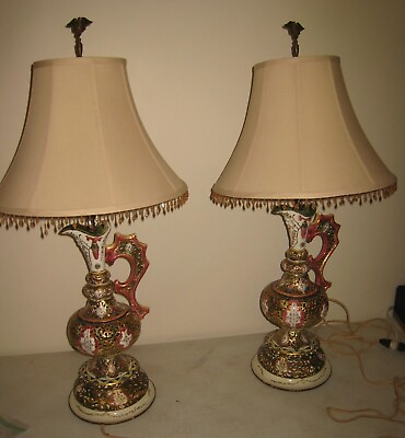 #ad Vintage Pair Antique Porcelain Hand Painted Urn Lamps with Shades Local PU $50.00