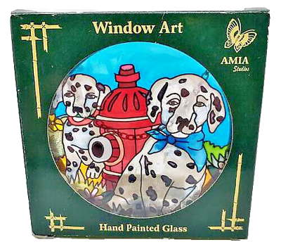 #ad RARE Amia  NEW Stained Glass DALMATIAN DOG Hydrant Hand Painted Suncatcher $9.99