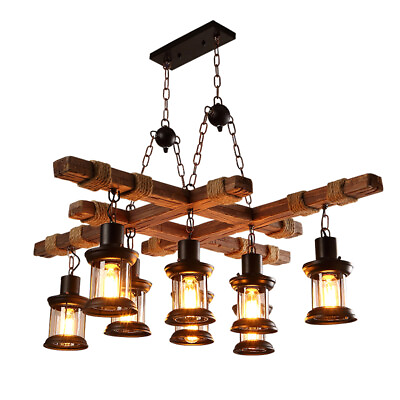 #ad 8 Light Rustic Country Chandelier Wood Pendant Lamp Industrial Ceiling Fixture $127.21