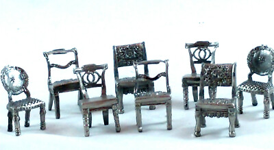 #ad Set of 8 Vintage Silver Metal Miniature Chairs 2quot; Dollhouse Contempt $45.99