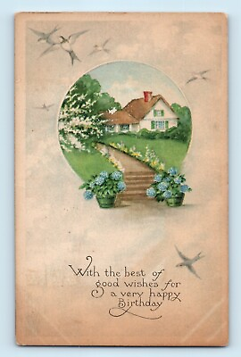 #ad Gibson Happy Birthday Cottage Home Birds and Clouds Blue Flowers Postcard C3 $7.82