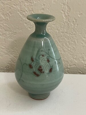 #ad Vintage Korean Signed Celadon Glazed Miniature Vase w Flower Decoration $50.00