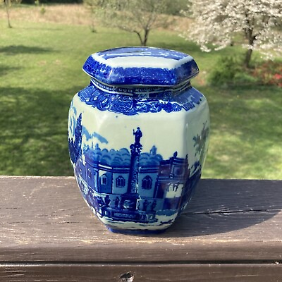 #ad Antique Victoria Ware 7” Flow Blue Ironstone Ginger Jar Countryside Scene $34.91