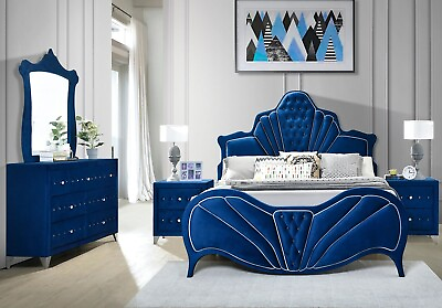 #ad NEW SPECIAL 5 piece Modern Queen King Bedroom Set Furniture in Blue Velvet IAAY $2138.87