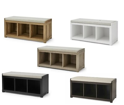 #ad Wood Storage Bench with Soft Seat Cushion 3 Cube Organizer Entryway Foyer NEW $103.43