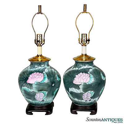 #ad Vintage Chinese Porcelain Floral Lily Urn Table Lamps A Pair $380.00