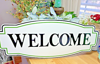 #ad Welcome Metal Sign; Wall Decor for Home and Office White trimmed in black Green $15.00
