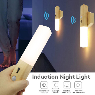 #ad Light Night Sensor LED Wall Wireless Wood Motion Lamp USB Stick Wooden Light US $16.14