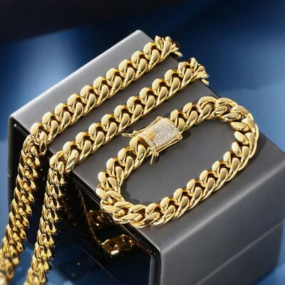 #ad Miami Cuban Link Braceletamp;Chain Set 18K Gold Plated Stainless Steel Via CZ Clasp $43.23