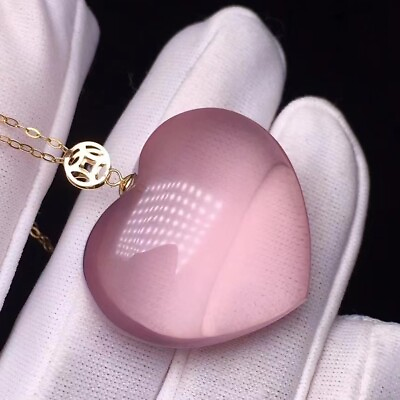 #ad Natural Rose Quartz Pink Crystal heart shaped Pendant Necklace 5A $189.00