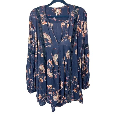 #ad Free People Just The Two Of Us Floral Lace Inset Tunic Dress Top Blue MEDIUM $24.99