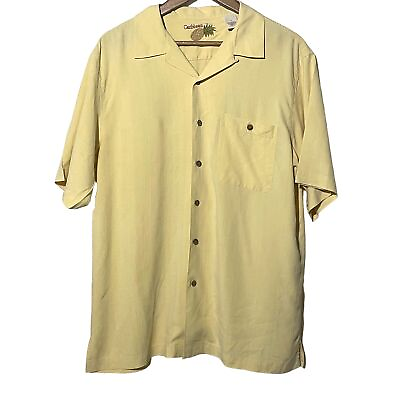 #ad Caribbean Mens Button Front Shirt Yellow Pocket Short Sleeve Collar Silk Large $14.00