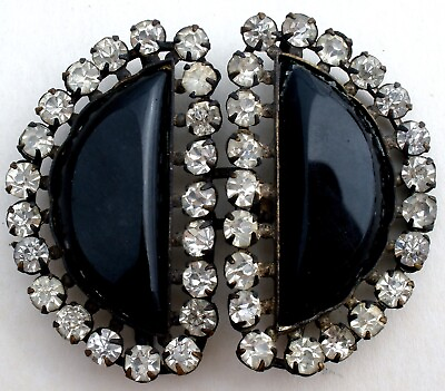 #ad Czech Black amp; Clear Buckle Antique Black Cloak Clasp Sash Ornament Victorian $64.00