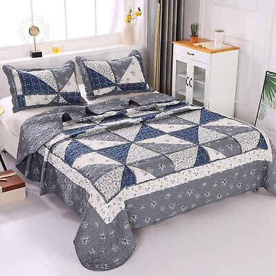 #ad 3pcs Full Queen Size Patchwork Quilt Set Floral Stitched Bedspread Coverlet $35.14