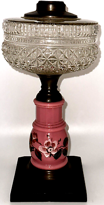 #ad Antique Composite Oil or Kerosene Lamp Rib Over Fine Cut Font Pink Glass Stem $48.00