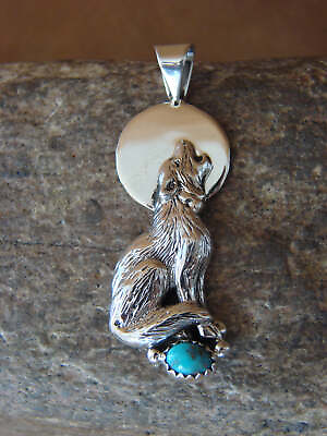 #ad Navajo Indian Sterling Silver Hand Stamped Turquoise Wolf Pendant by Yellowhair $59.99