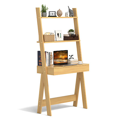 #ad Ladder Shelf Desk Bookcase w Countertop Drawer amp; 2 Shelves Bookshelf Natural $139.99