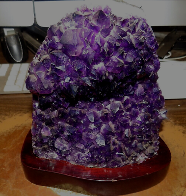 #ad LG.AMETHYST CRYSTAL CLUSTER GEODE FROM URUGUAY CATHEDRAL; POLISHED ; WOOD STD. $359.33