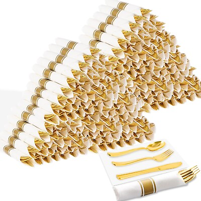 #ad 400Pcs Pre Rolled Gold Plastic Cutlery Set 100 Pack Wrapped Plastic Silverwa... $101.39