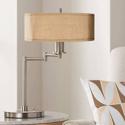 #ad Modern Swing Arm Desk Table Lamp Nickel Woven Burlap Fabric Shade Living Room $199.99