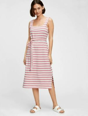 #ad GAP Dress XXL Striped Midi Square Neck Tie Belt White Pink Sleeveless Cotton New $19.80