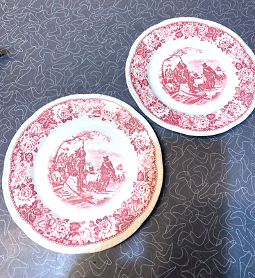 #ad 2 Vintage Salad Plates Historical America Red Scalloped Homer Laughlin pink red $15.00