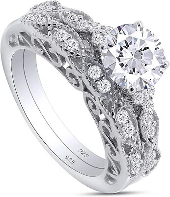 #ad 1.5ct Lab Created Round Moissanite Engagement Bridal Ring Set Sterling Silver $163.55