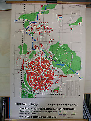 #ad Schulwandbild Arbeitskarte School City Map 80x125 1960 Vintage Chart $98.53