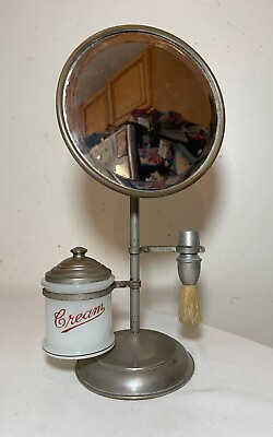 #ad rare antique adjustable nickel plated opal glass shaving mirror cream jar brush $294.99