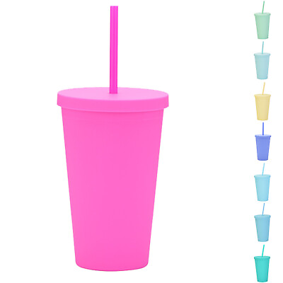 #ad Double Plastic Straw Cup Candy Color Rubber Paint Coffee Cup Summer Large $11.39