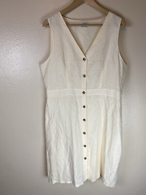 #ad J.Crew 14 V Neck Button Front Dress Linen Blend White Shift Sheath Sleeveless $32.99