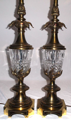 #ad Vintage Pair STIFFEL Brass amp; Crystal Table Lamps McM Hollywood Regency 38” Tall $279.99
