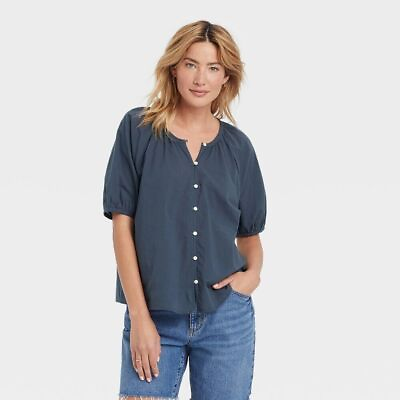 #ad Universal Thread Target Blue Puff Sleeve Button Front Top Blouse Size Medium $12.99