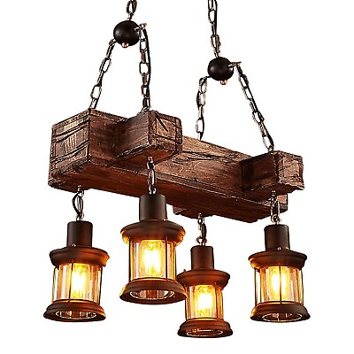 #ad Ladiqi Industrial Vintage Wooden Hanging Pendant Light Retro Loft Lantern Cha... $274.49