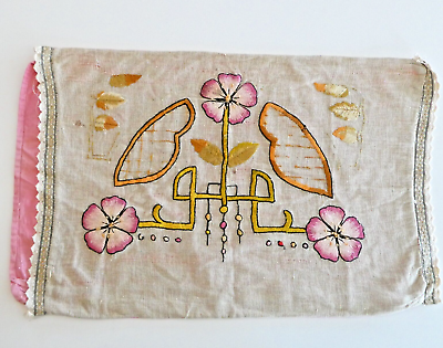#ad Antique Silk Embroidery on Linen Pillow Cover Art Deco Floral 21x14 inch Pink $34.98
