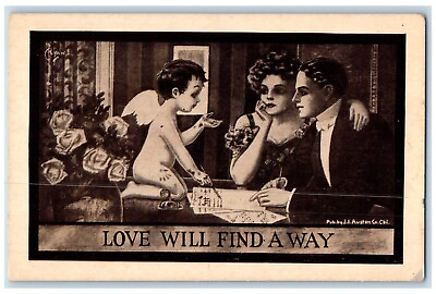 #ad c1910#x27;s Valentine Couple Angel Writing Love Will Find Away Flowers Postcard $9.72
