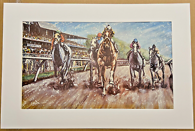 #ad Beautiful Horse Races Painting Gouache On Paper 24x36quot; circa 1965 1985 Unframed $107.99