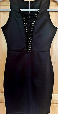 #ad STRIKING SLEEVELESS #x27;LACE UP FRONT#x27; DRESS BLACK SMALL STRETCH PERFECT $10.00