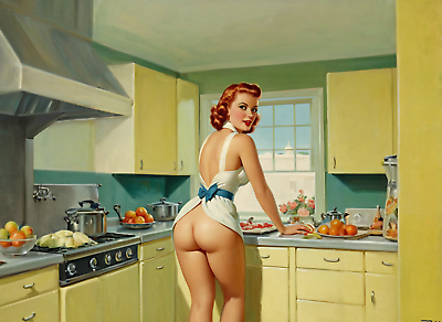 #ad Retro 1950s vintage pinup of half naked wife in kitchen 8.5x11quot; art print $10.99
