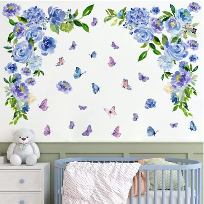 #ad Large Peony Flower Wall Stickers Watercolor Floral Wall Decals Peel and Blue $23.09
