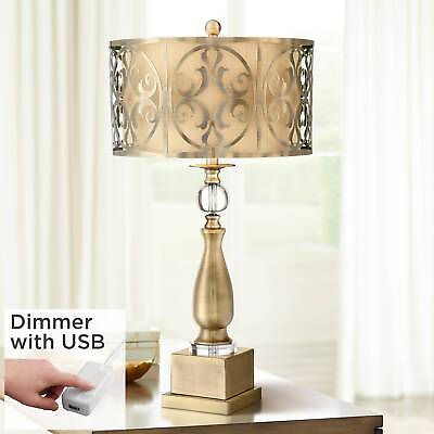 #ad Modern Table Lamp with USB Port Brass Metal Double Drum Shade for Living Room $209.98