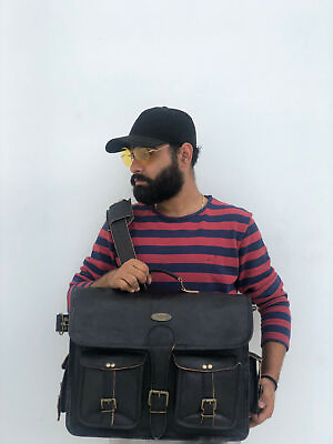 #ad 18quot; New Men#x27;s Vintage Black Logo Leather Messenger Laptop Satchel Shoulder Bag $58.33